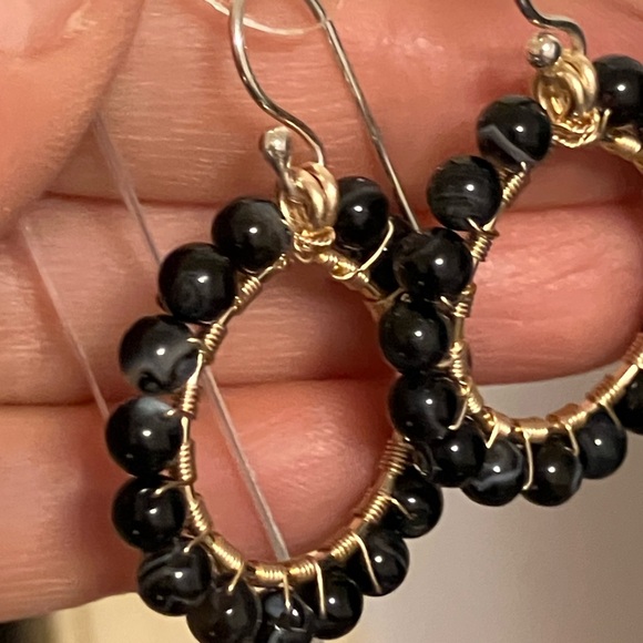 Hand Crafted Earrings Copper sterling silver Wrapped black stripe agate - Picture 6 of 6